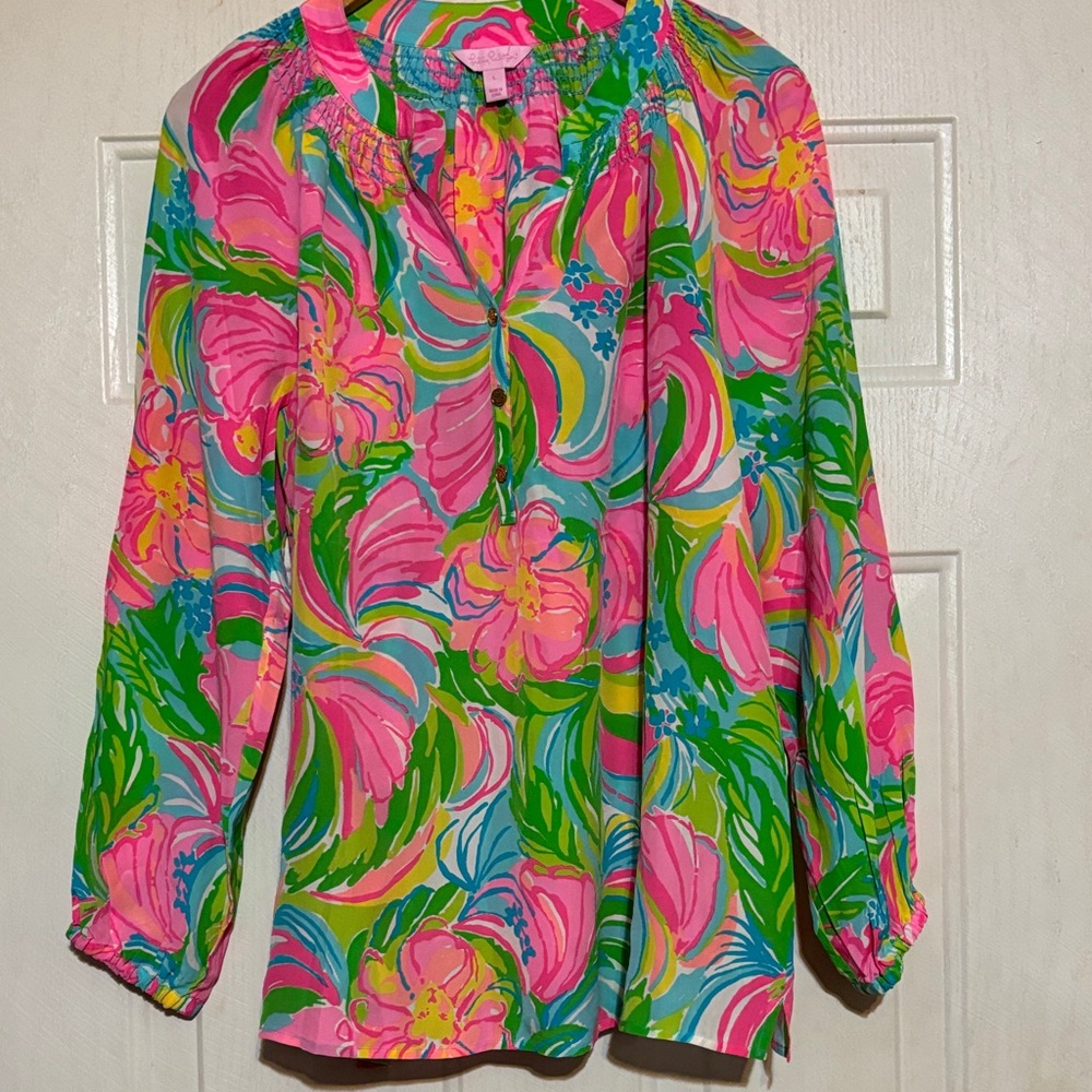 Lilly Pulitzer Vibrant Floral Blouse - Pink,‎ Green, Blue